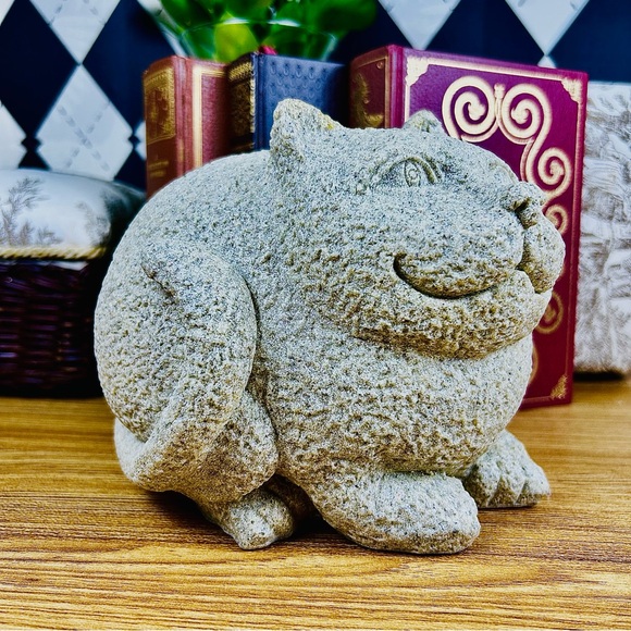 Vintage Large Fat Cat Sculpture Stone-Textured Folk Art Figurine Whimsical - Picture 10 of 15